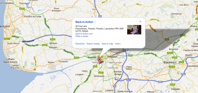 map showing back in action chiropractic clinic in Preston, Lancashire