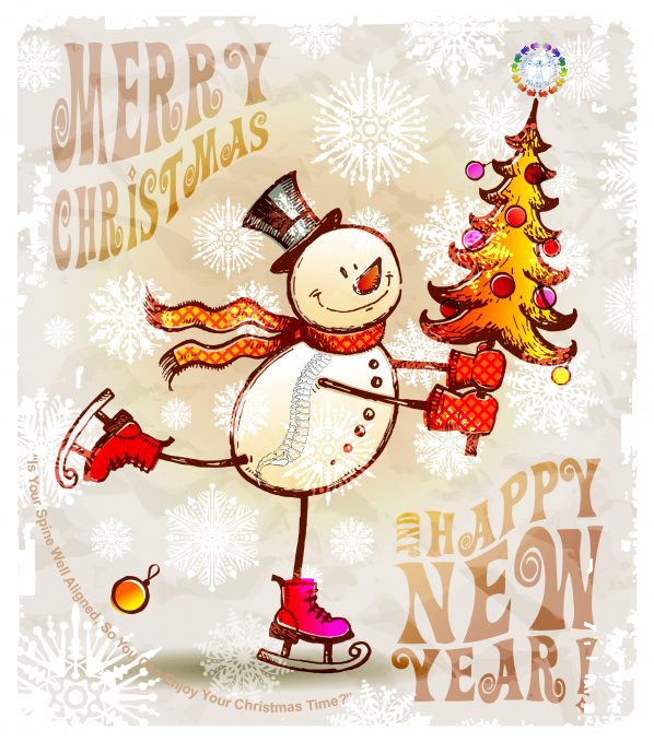 Skating happy snowman with christmas tree